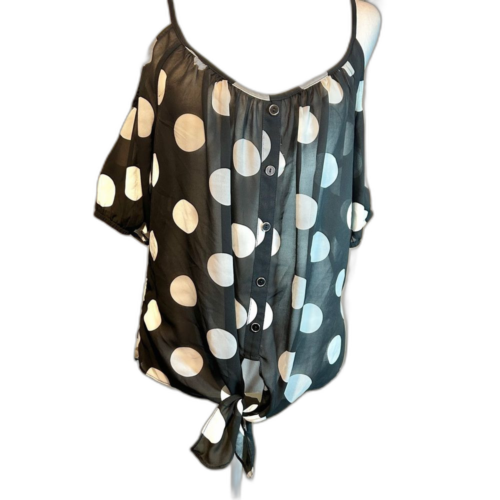 Heart Soul Polka Dot Cold Shoulder Sheer Top Black White Women's Size Medium M